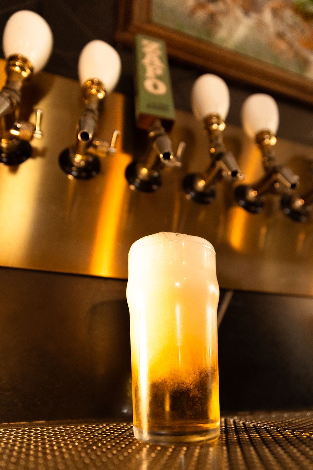 A freshly poured pint of ZAPO on a bar top, with a green ZAPO tap handle among the brass taps behind it.